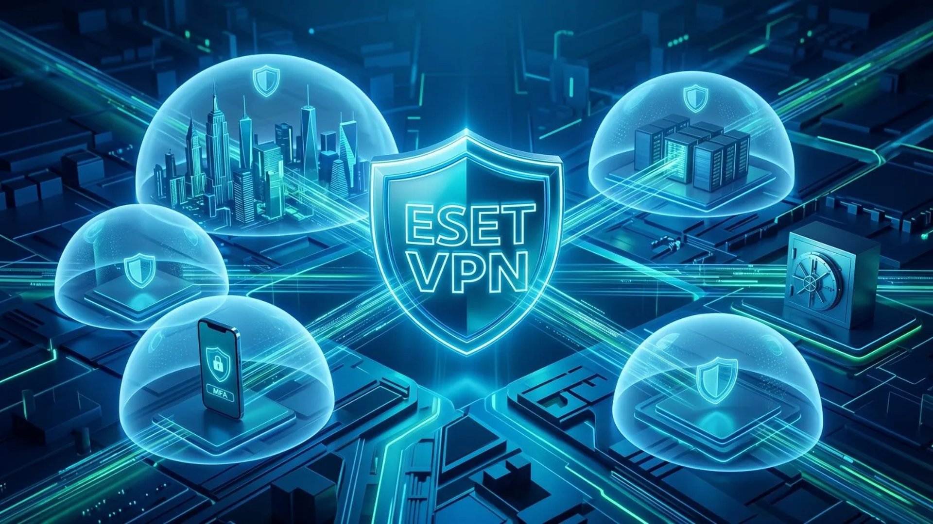 A futuristic 3D ESET VPN shield protecting US digital networks with advanced privacy and secure data transfer