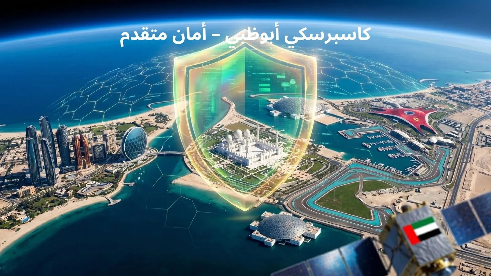عرض من القمر الصناعي لأبوظبي محمية بدرع كاسبرسكي السيبراني الذي يغطي العاصمة الإماراتية.