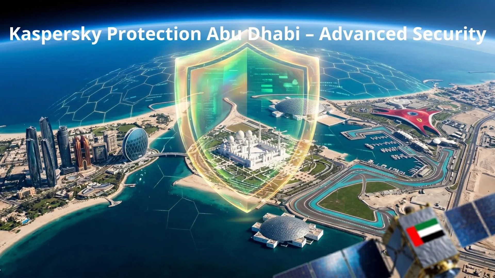 Satellite view of Abu Dhabi protected by a Kaspersky cyber shield covering the UAE Capital