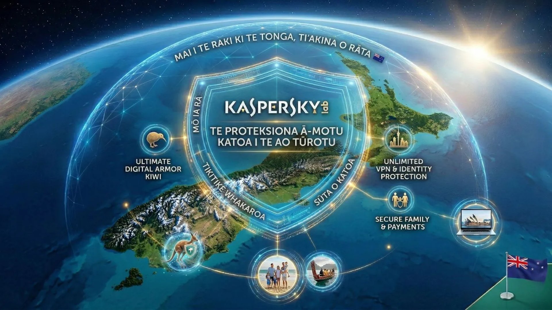 Kirohanga rererangi o Aotearoa me te whakangungu Kaspersky. Manu kiwi, mauka, me te haki NZ. Tiakina o taputapu. 🇳🇿