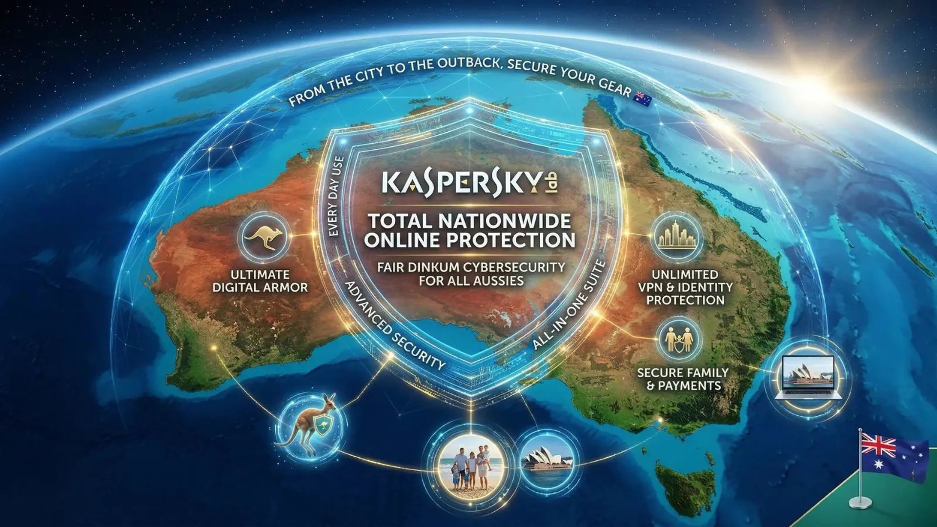 Aerial view of Australia map with a Kaspersky holographic shield. Kangaroo, Sydney icons, and Aussie flag. Secure gea