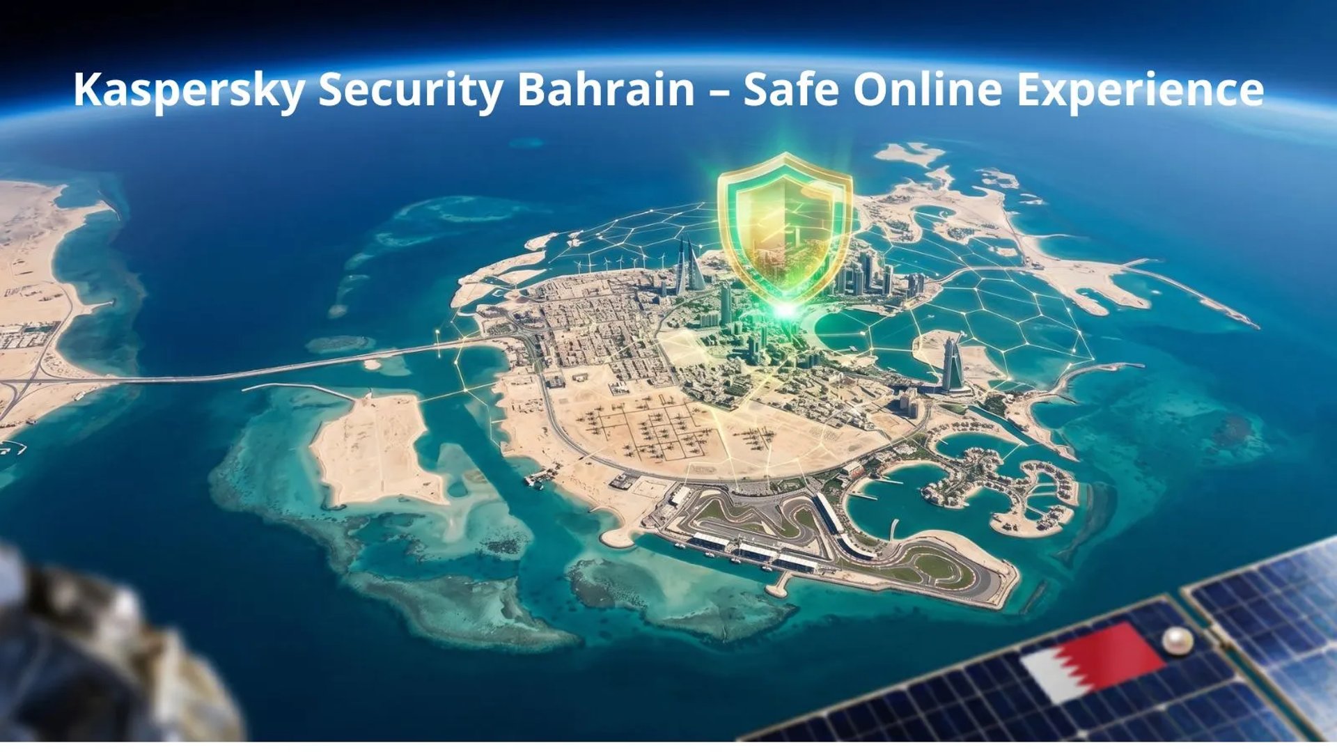 The island of Bahrain protected by a digital Kaspersky shield seen from space including the King Fahd Causeway