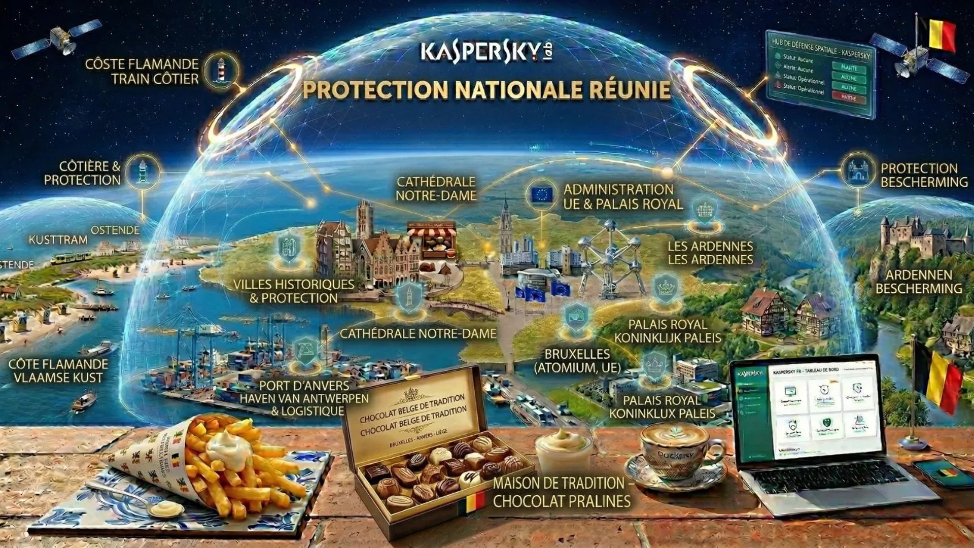 Carte satellite bilingue de la Belgique sous bouclier Kaspersky. Frites, chocolat et PC bilingue sur terrasse atonium anvers 