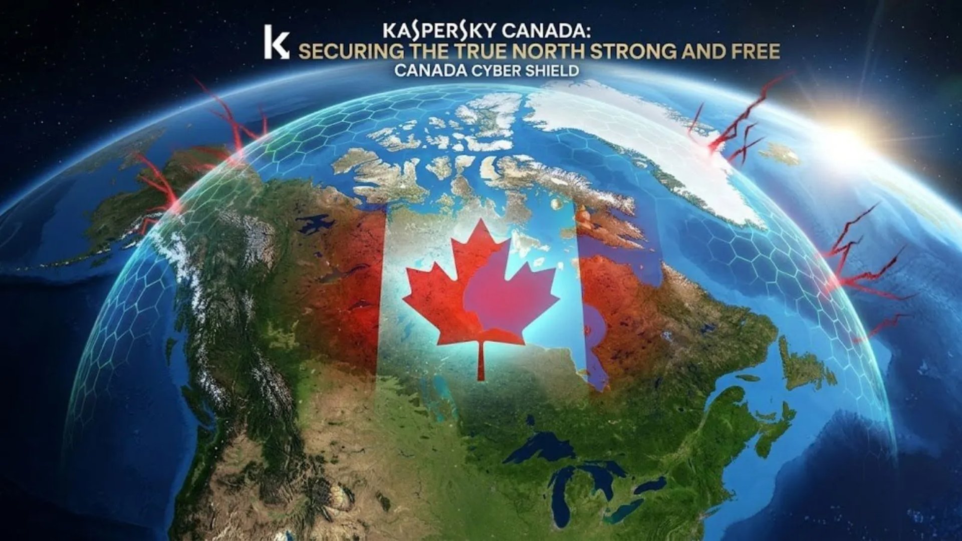 Canada from space protected by a glowing Kaspersky cyber shield and the Canadian flag.