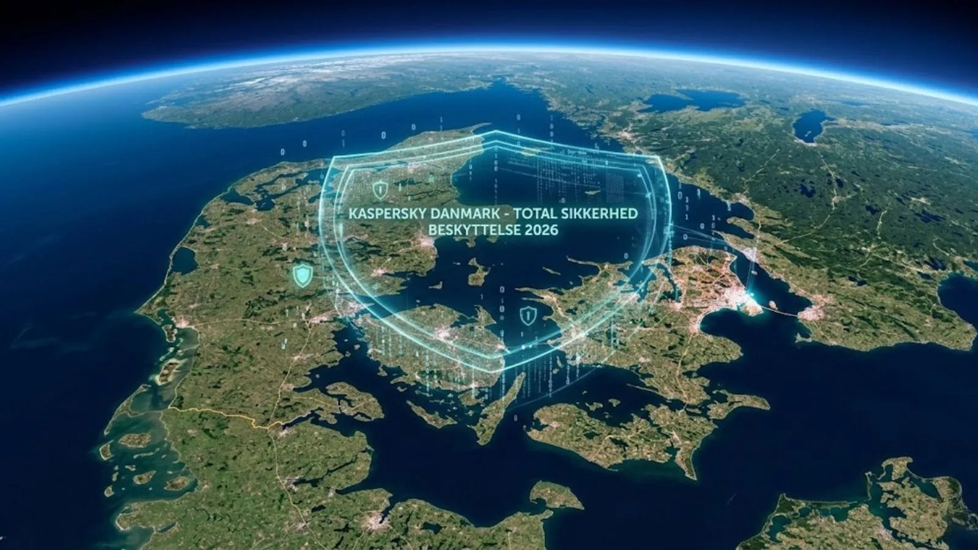 Satellitvisning af Danmark fra rummet med et lysende Kaspersky-skjold og teksten 'Total Sikkerhed