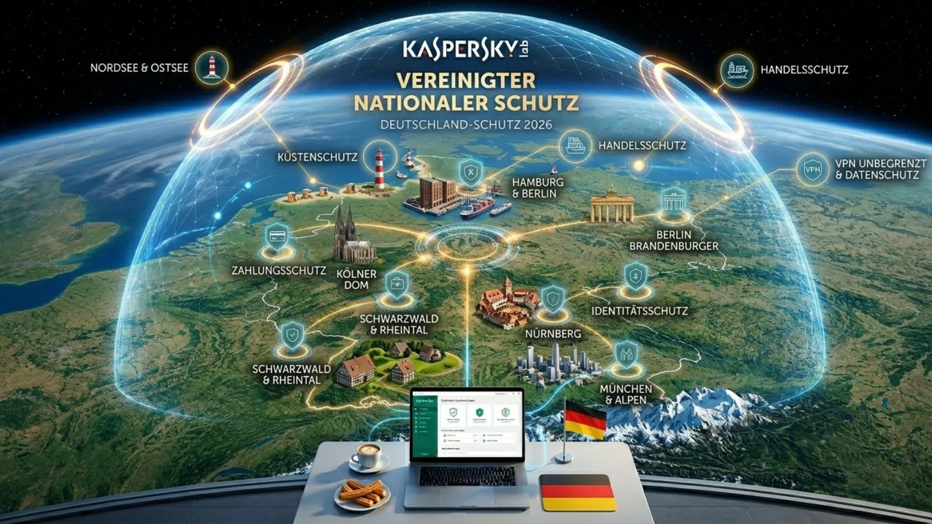 Satellitenkarte von Deutschland mit Kaspersky Schutzschild über Berlin, München, Hamburg und den Alpen.