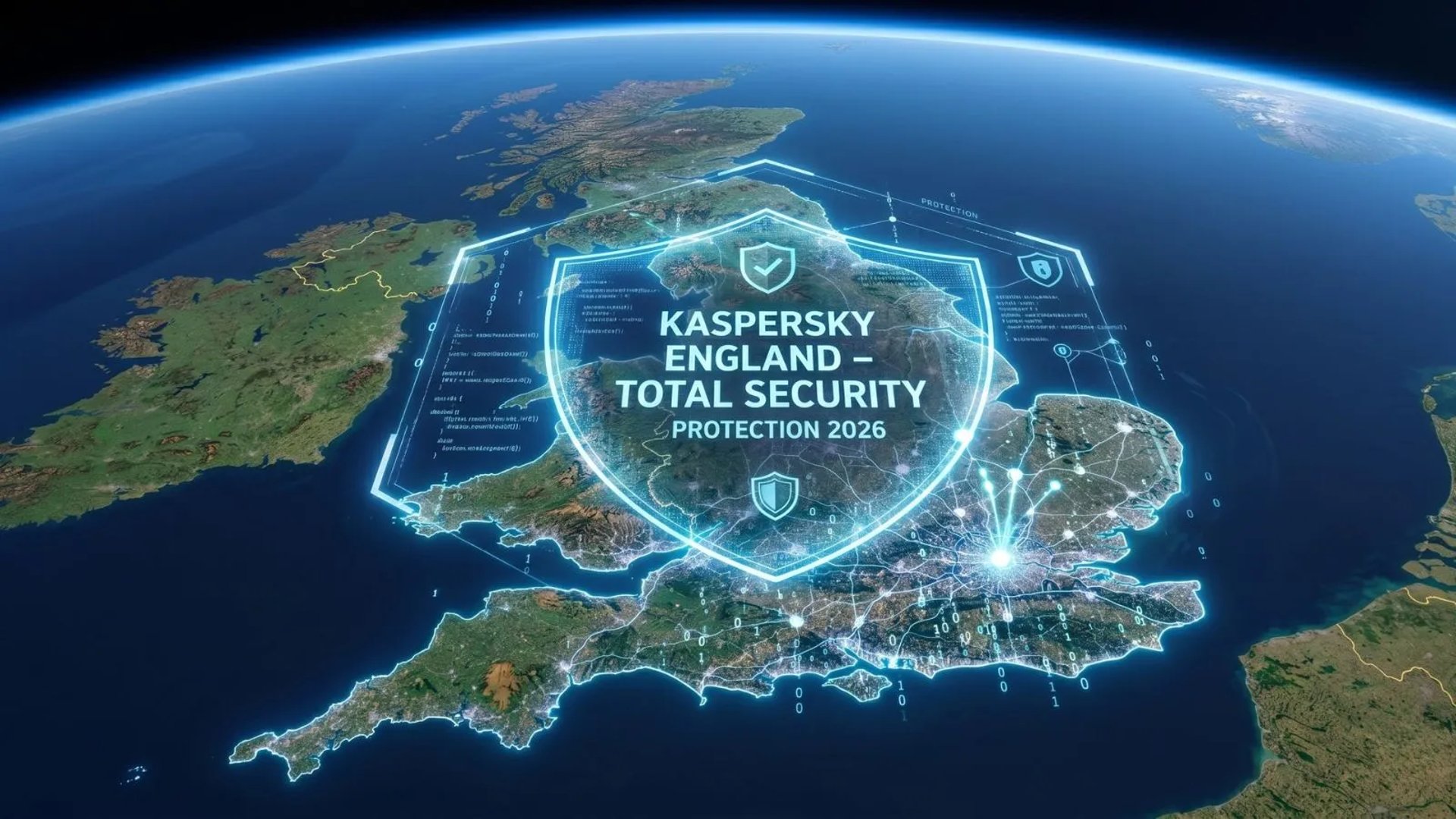 Satellite view of England protected by a glowing Kaspersky Total Security digital shield.