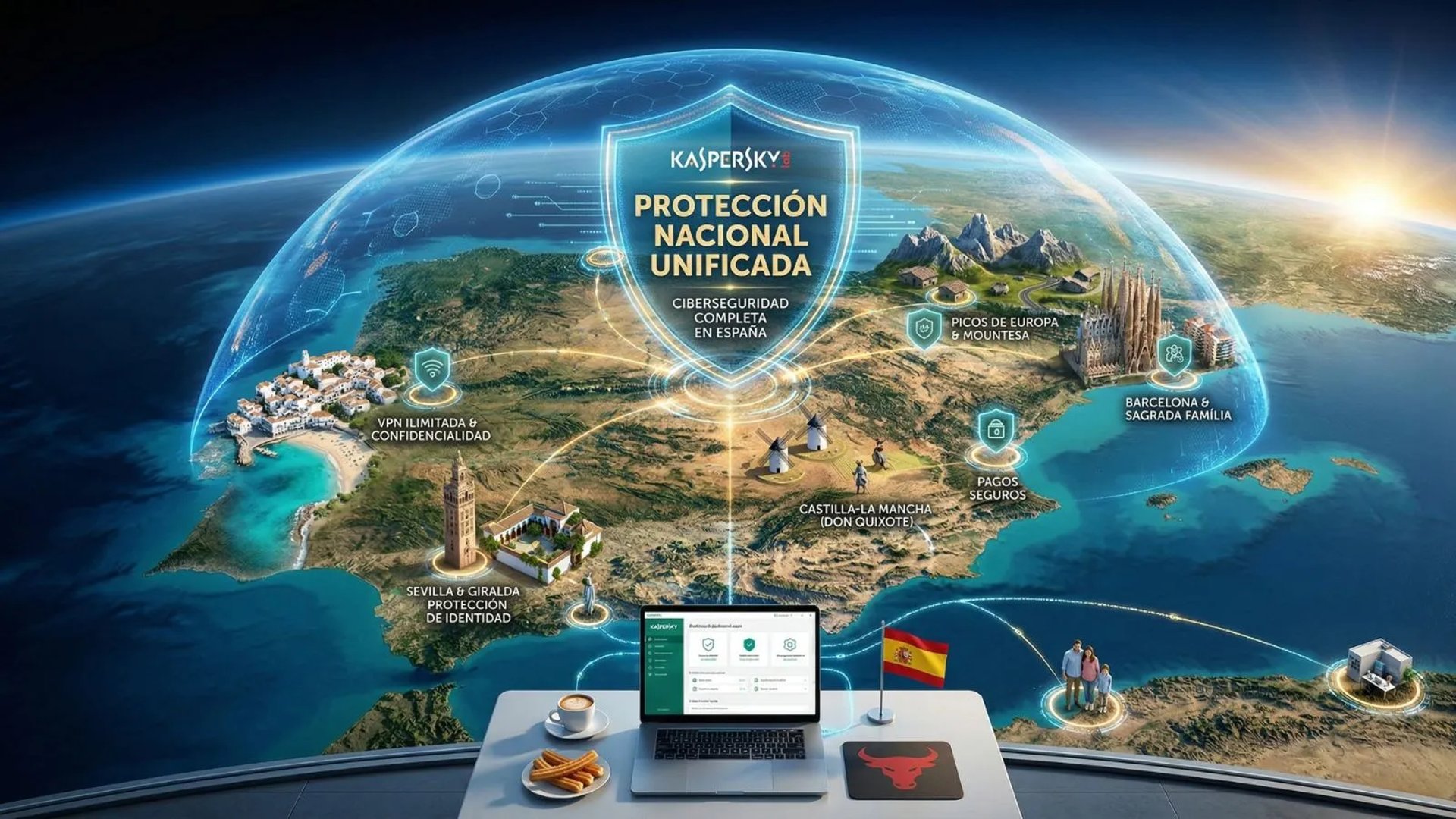 Mapa de España desde el espacio protegido por Kaspersky. Sagrada Familia, Sevilla y Pirineos bajo escudo digital