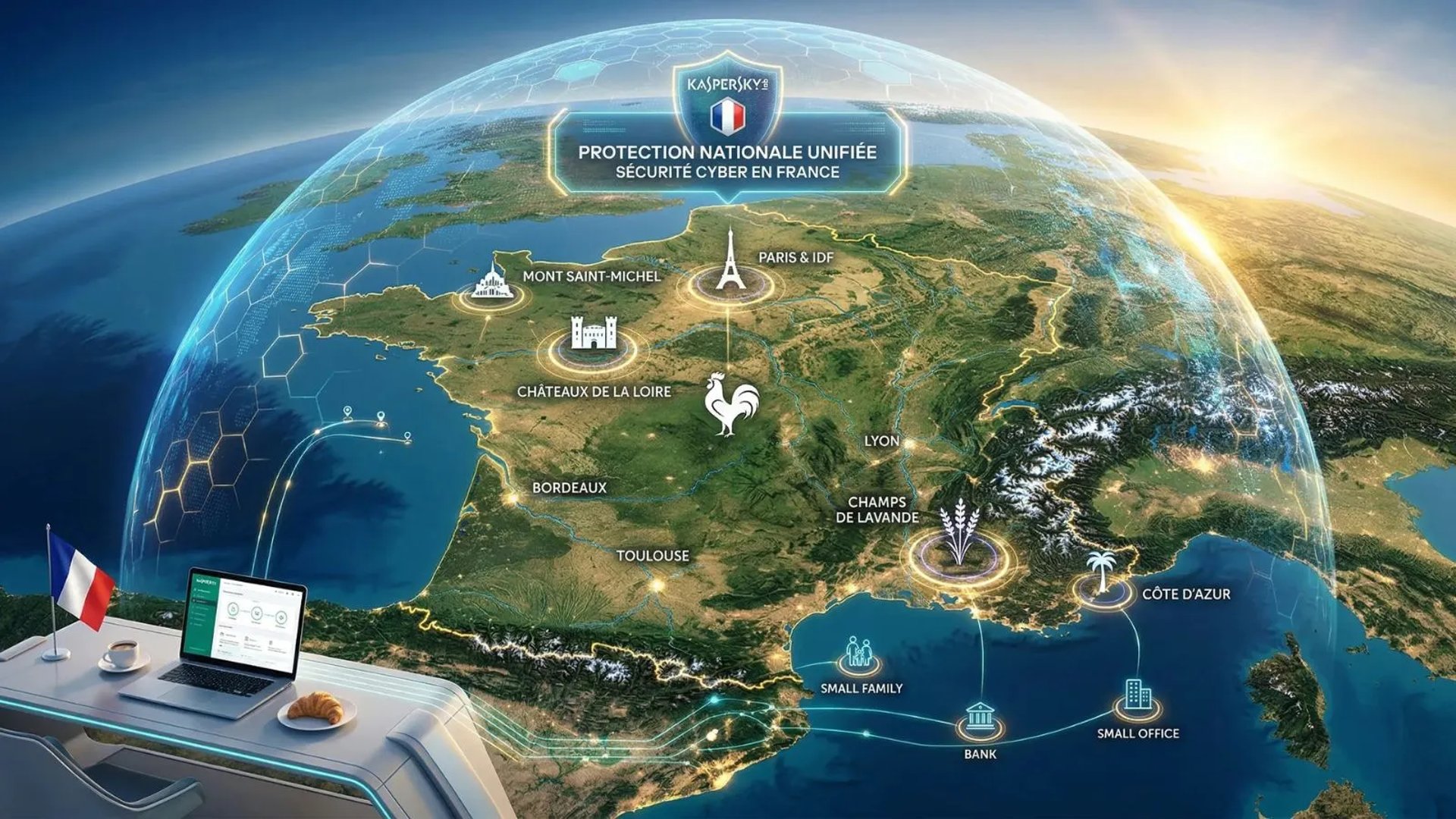 Vue aérienne de la France unifiée sous un dôme de protection Kaspersky. Tour Eiffel, Mont St-Michel, lavande, châteaux