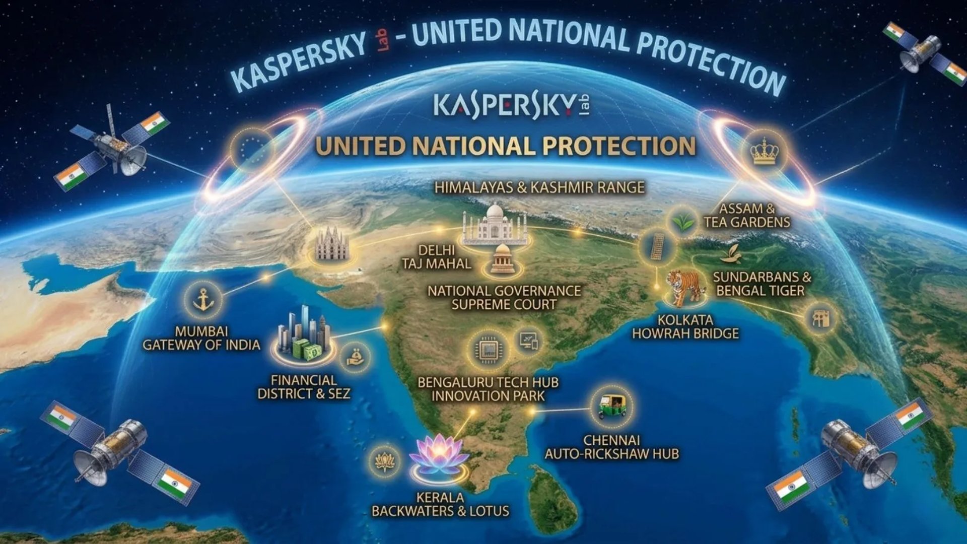 Kaspersky digital shield over the map of India seen from space. National cyber protection 2026