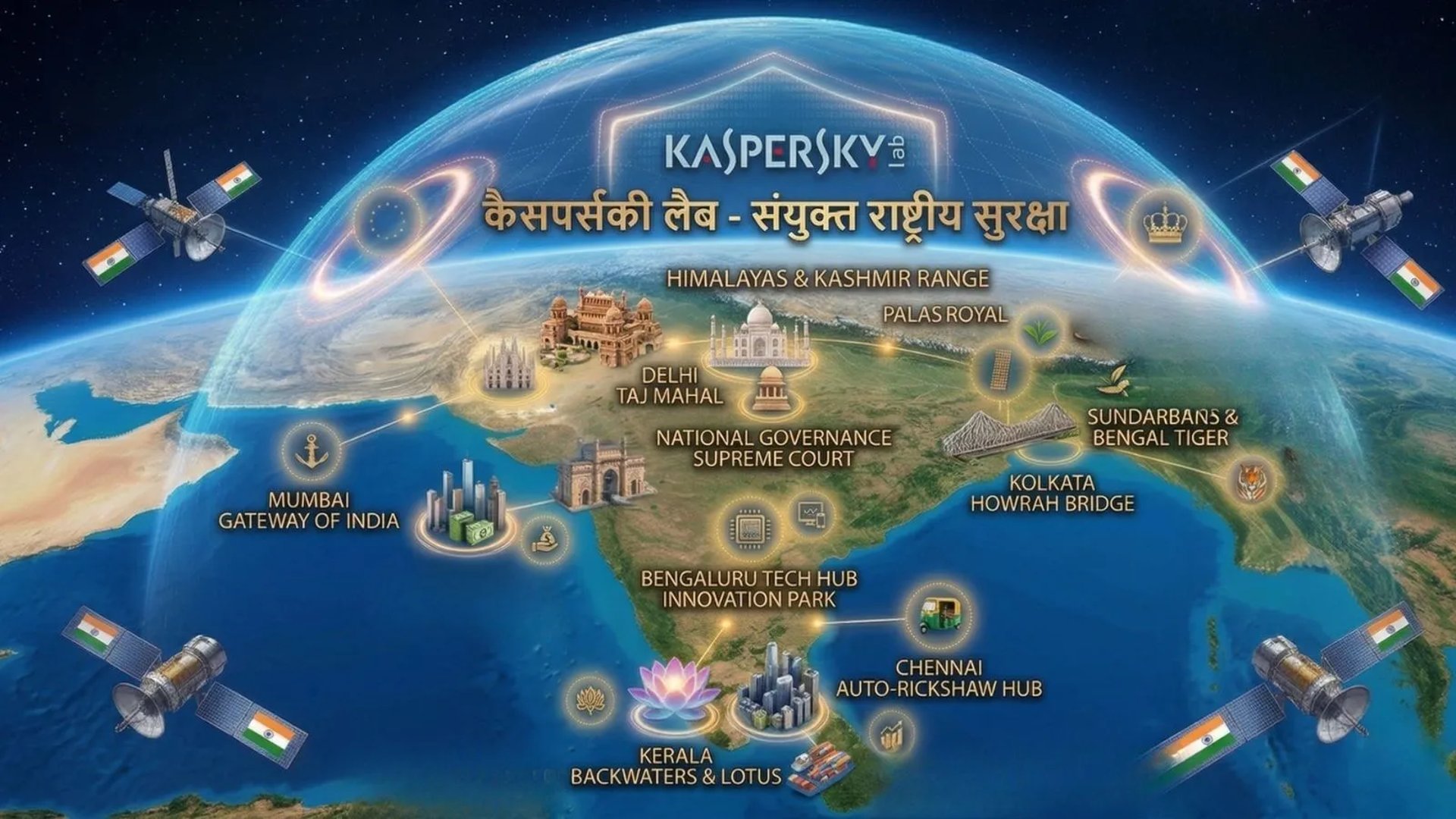 कैसपर्सकी डिजिटल शील्ड (KASPERSKY LAB) अंतरिक्ष से भारत के नक्शे के ऊपर। कैसपर्सकी लैब - संयुक्त राष्ट्रीय सुरक्षा