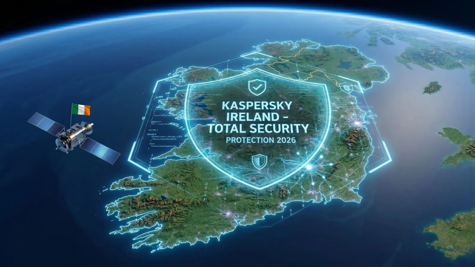 Satellite view of the entire island of Ireland protected by a Kaspersky digital shield