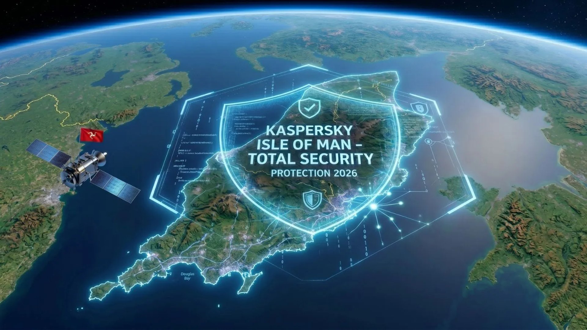 Satellite view of the Isle of Man protected by Kaspersky Total Security shield from space