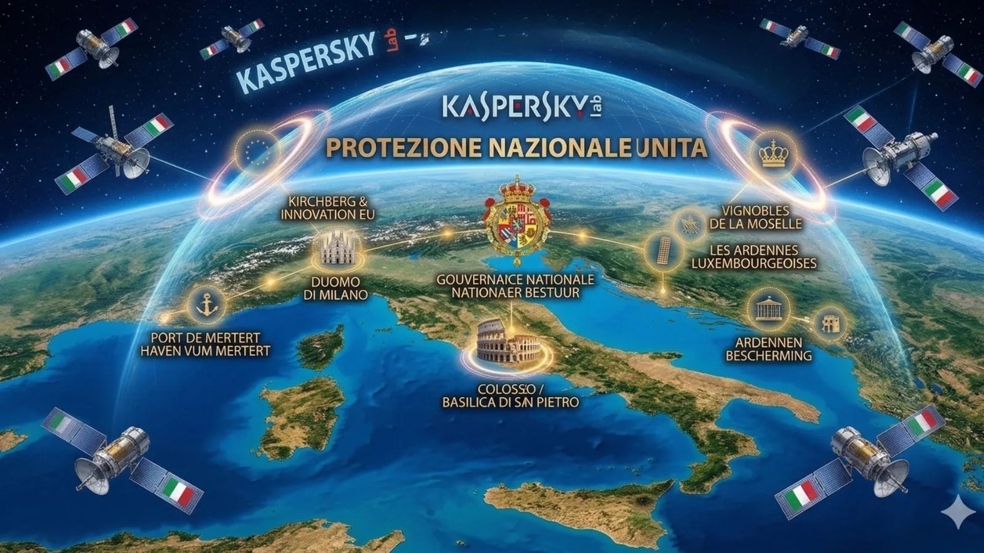 Scudo Kaspersky sulla mappa dell'Italia vista dallo spazio. Protezione nazionale digitale
