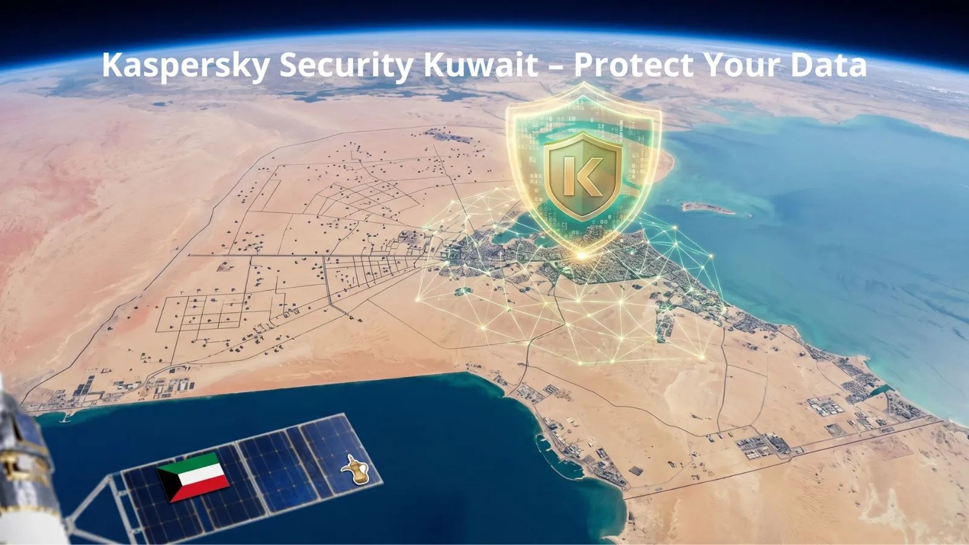 Cybersecurity shield by Kaspersky over Kuwait territory seen from orbit with the national flag