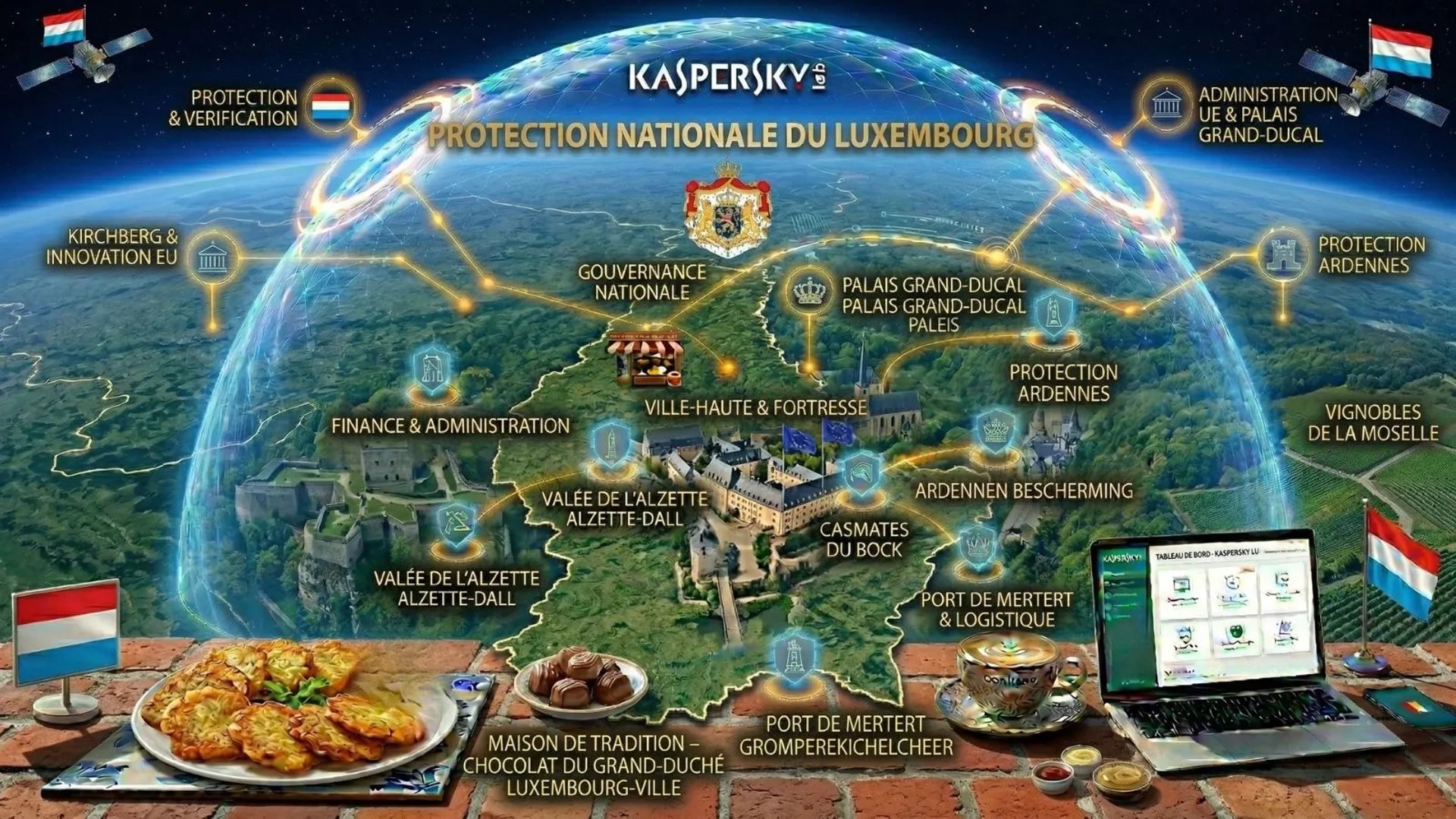 Bouclier Kaspersky sur la carte du Luxembourg vue de l'espace. Protection bilingue du Grand-Duché en 2026 spacial