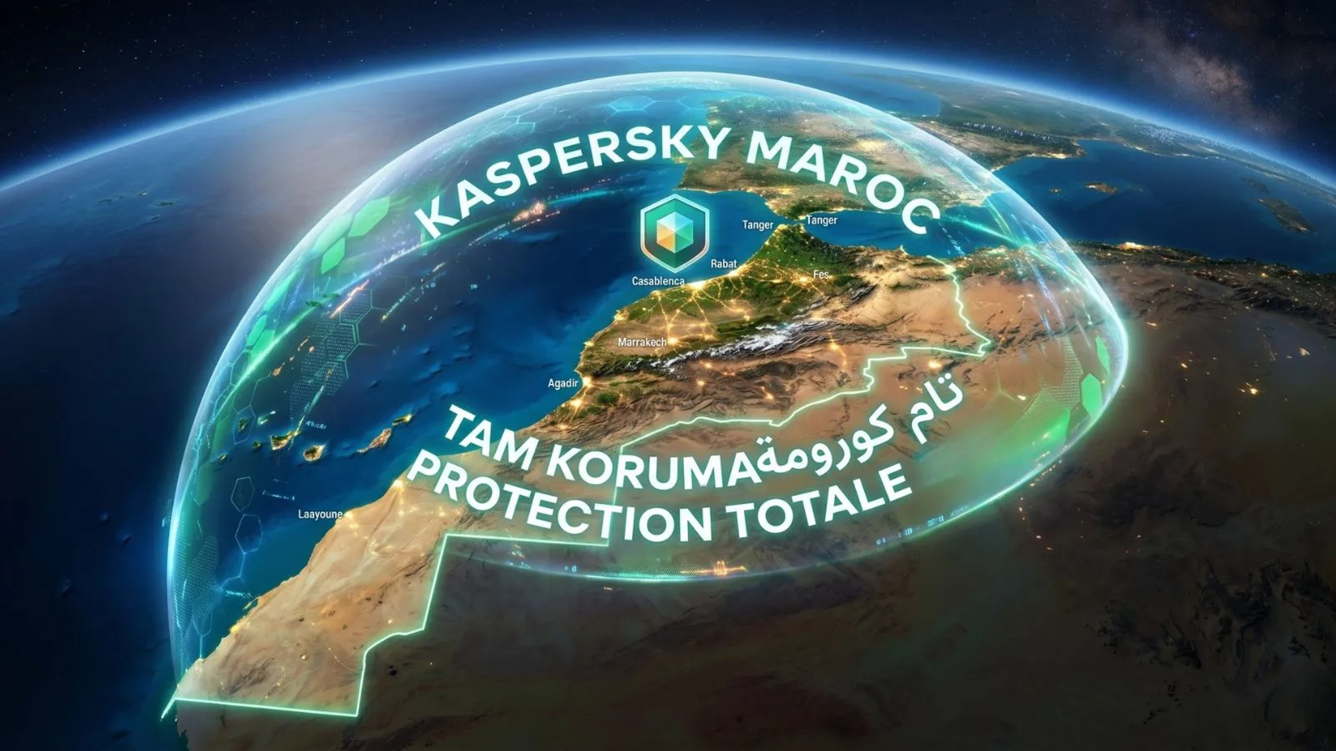 Vue satellite du Maroc protégé par le dôme d'énergie Kaspersky, lumières de Casablanca, Rabat, Marrakech sous protection
