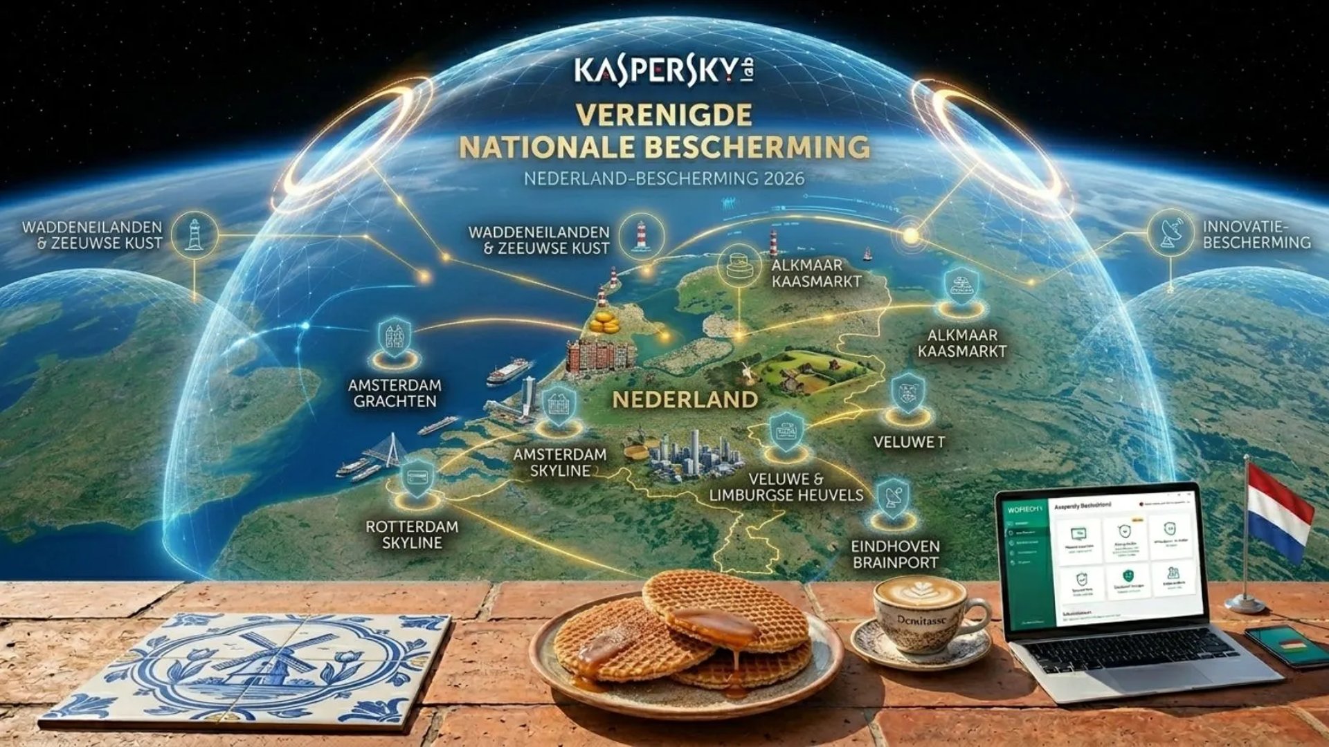 Satellietkaart van Nederland met Kaspersky schild boven Amsterdam, Rotterdam, Eindhoven en de Veluwe.