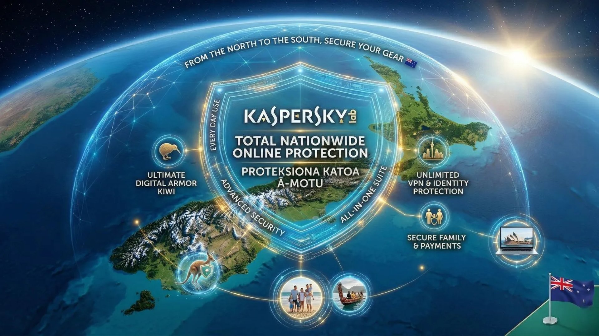 Aerial view of New Zealand with Kaspersky holographic shield. Kiwi bird, mountains, and NZ flag. Secure your gear. 🇳🇿