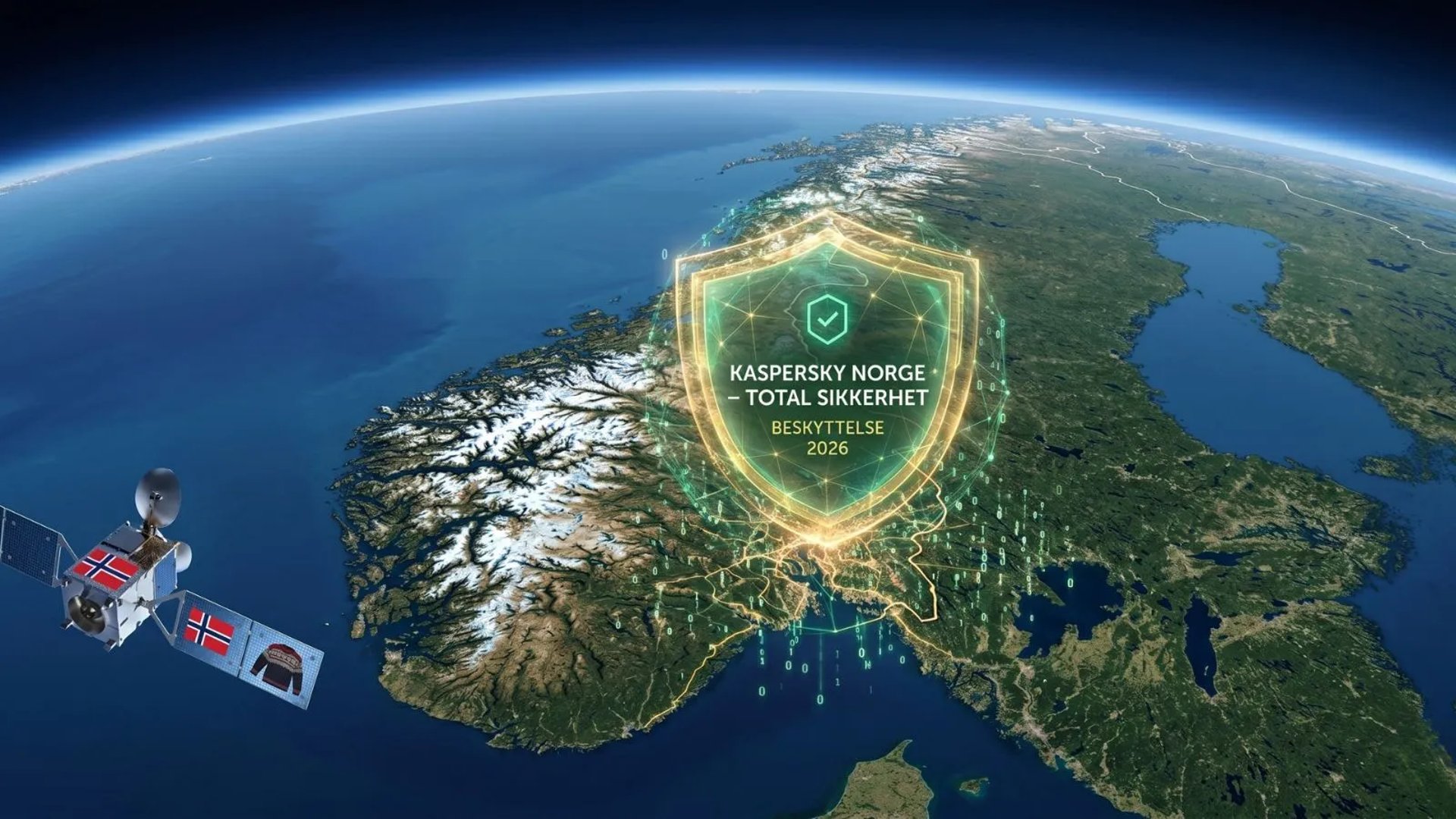 Satellittvisning av Norge fra verdensrommet med et glødende Kaspersky-skjold og teksten 'Total Sikkerhet