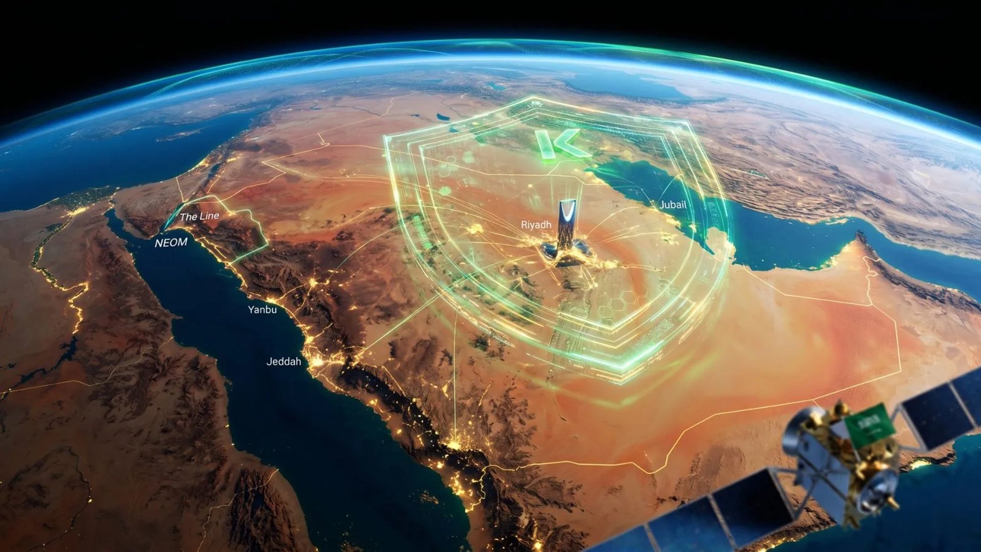 KASPERSKY SAUDI ARABIA Monumental Cyber Shield over the entire Kingdom from space, NEOM, Riyadh, Jeddah & Yanbu t sunset