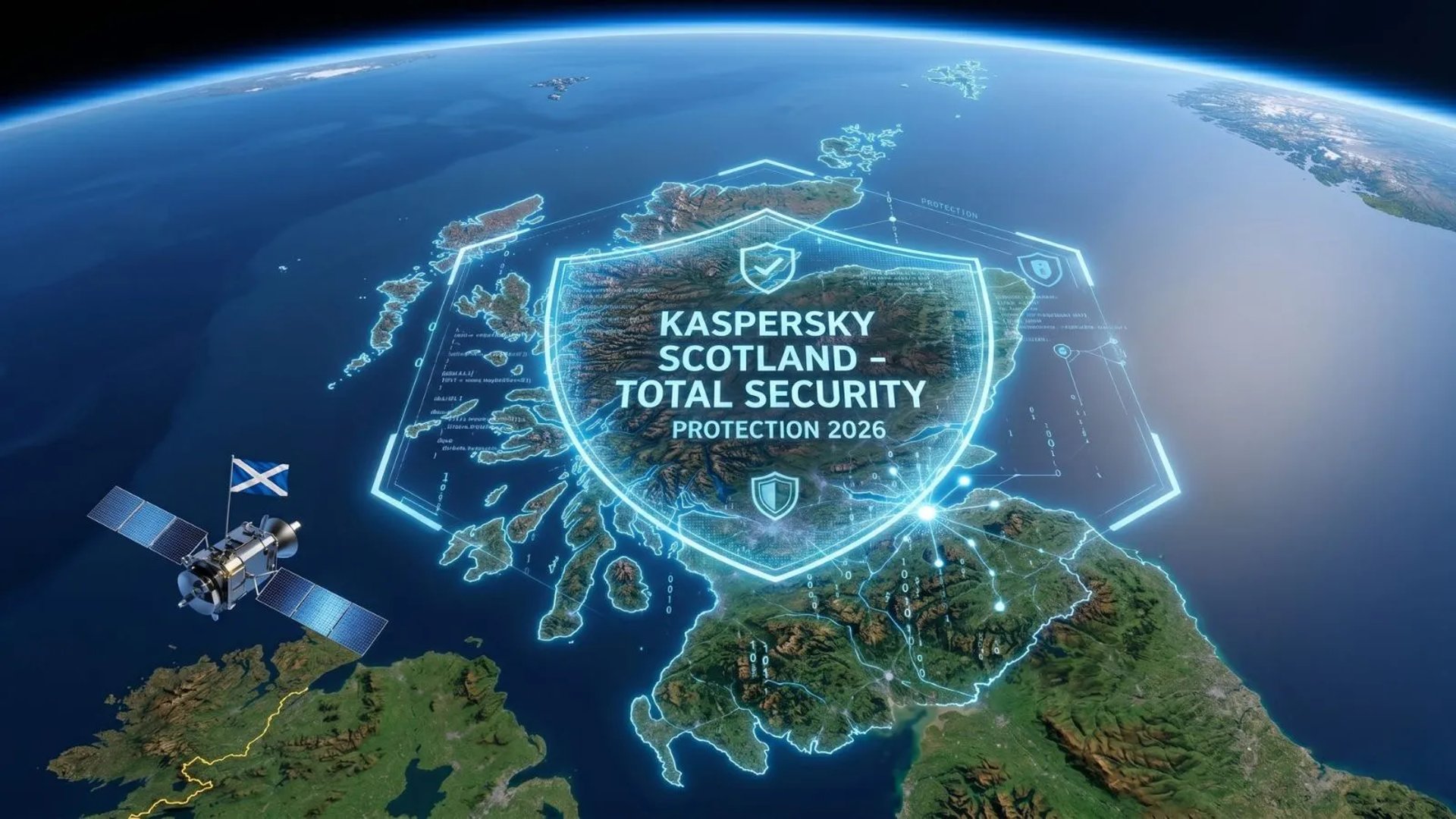 Satellite view of Scotland protected by Kaspersky cybersecurity shield and Scottish flag satellite