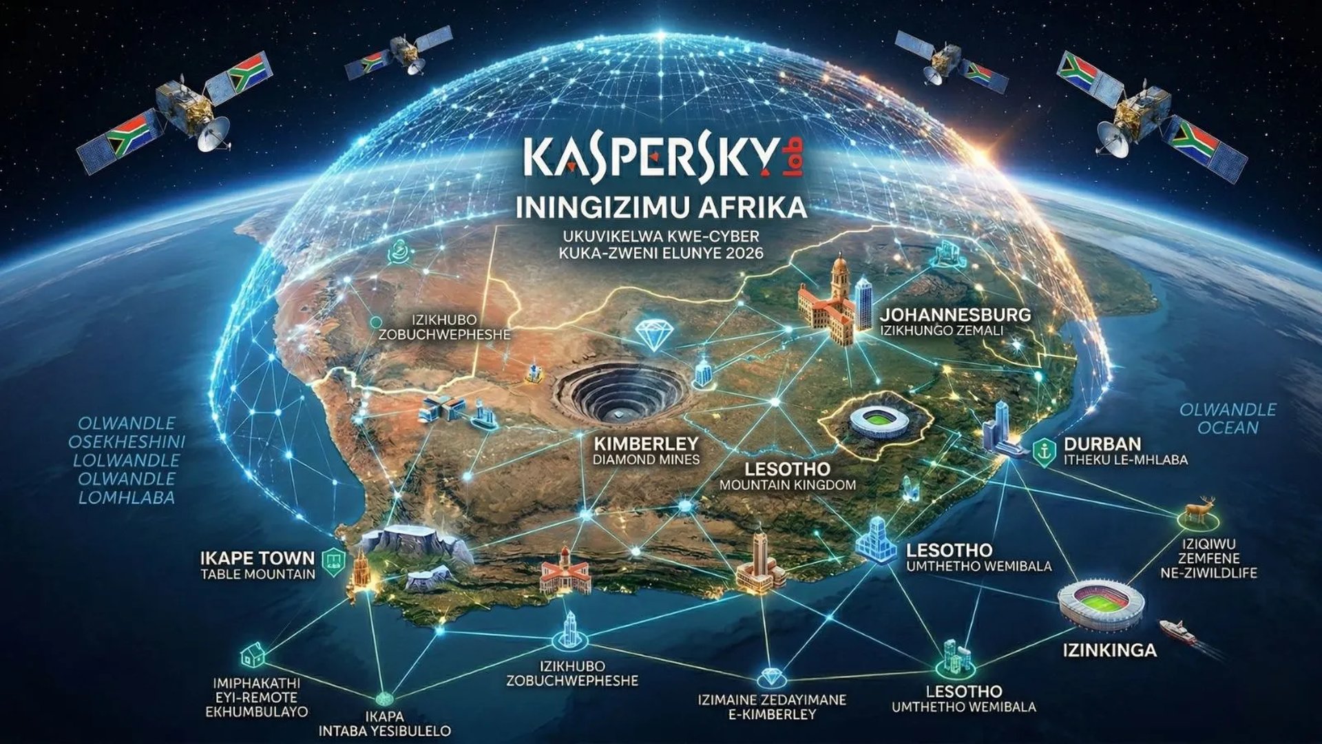 An orbital photo Kaspersky digital shield protecting entire map South Africa, key cities diamond , Cape Town Johannesburg.