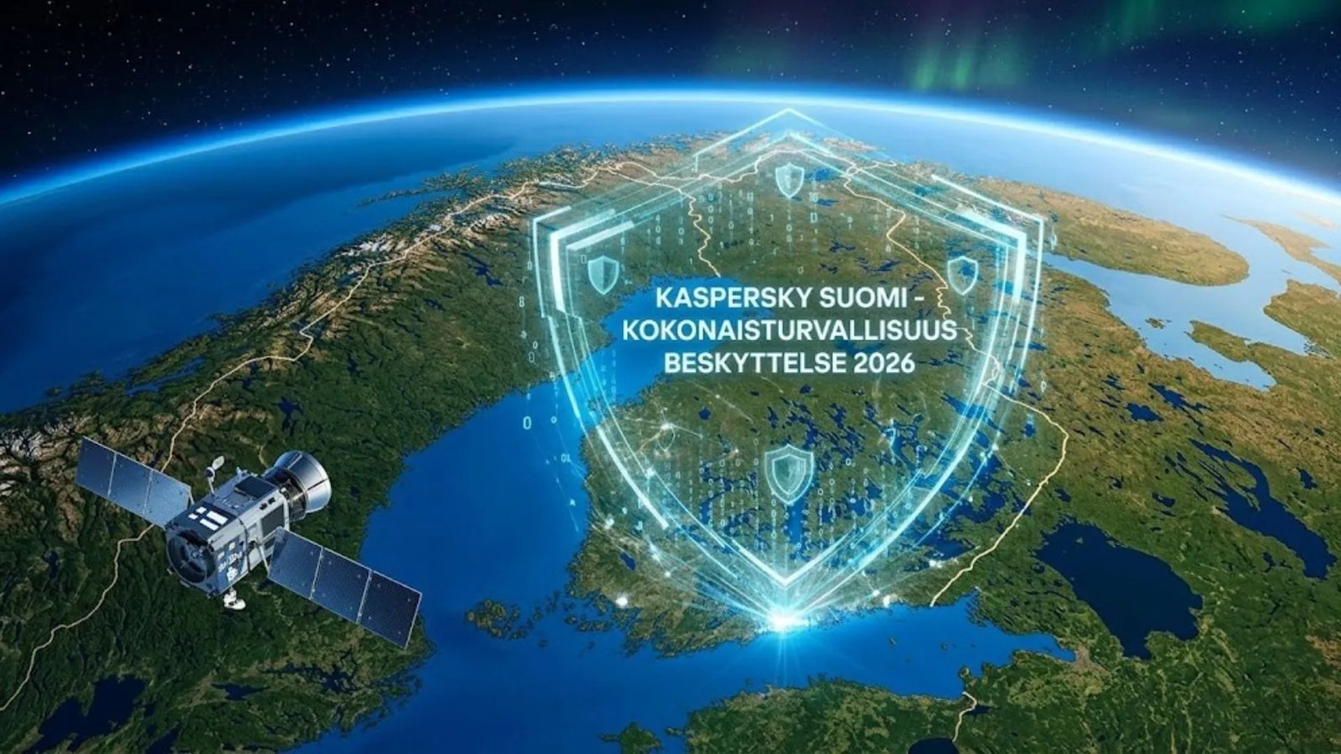 Satelliittikuva Suomesta avaruudesta: hohtava Kaspersky-kilpi ja teksti Kokonaisturvallisuus