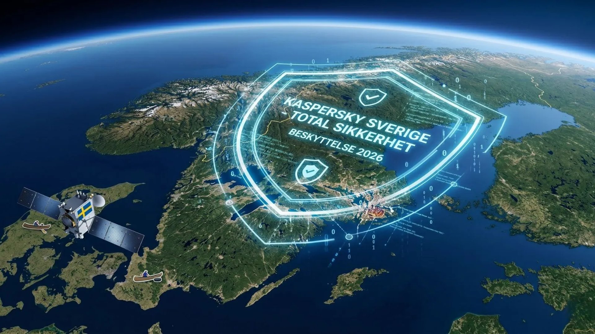 Satellitvy över Sverige från rymden med ett lysande Kaspersky-skydd och texten 'Total Säkerhet