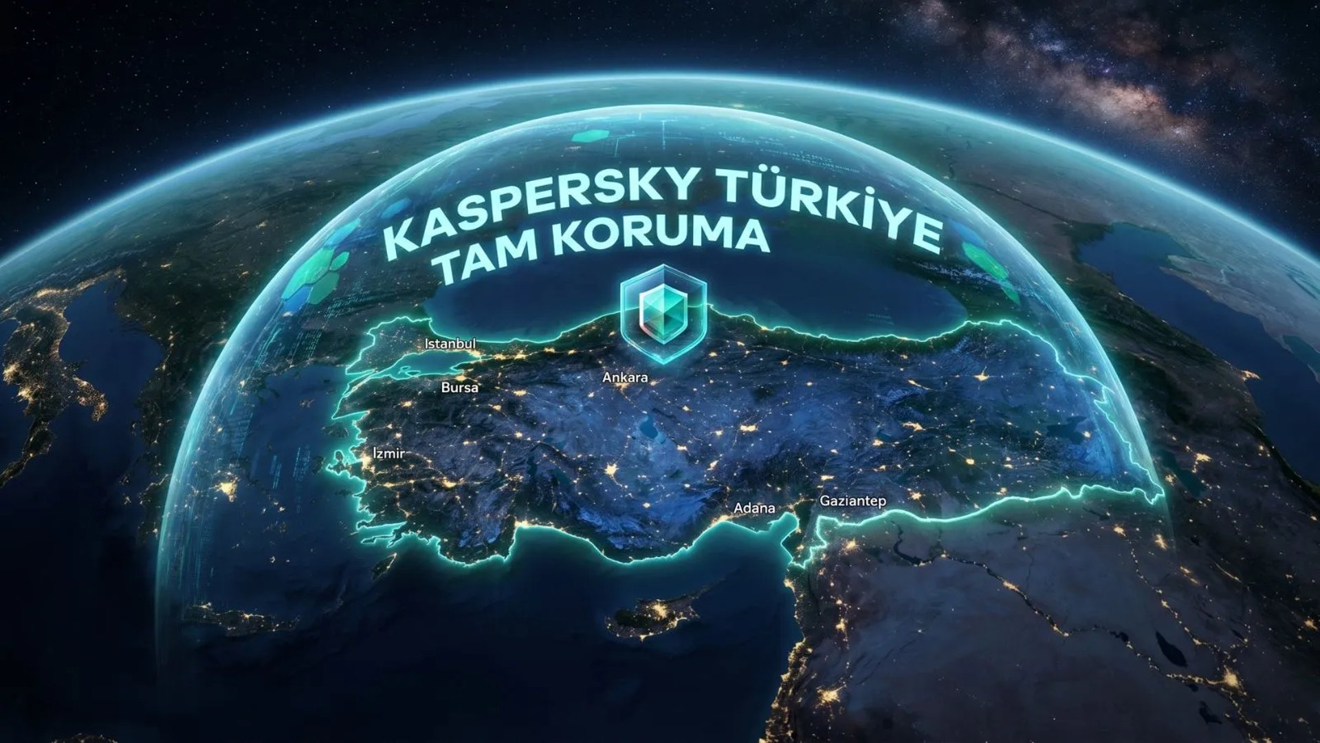 Uzaydan Türkiye satellite görüntüsü, Kaspersky enerji kubbesi ile tam koruma altında, İstanbul, Ankara, İzmir ışıklarıyla