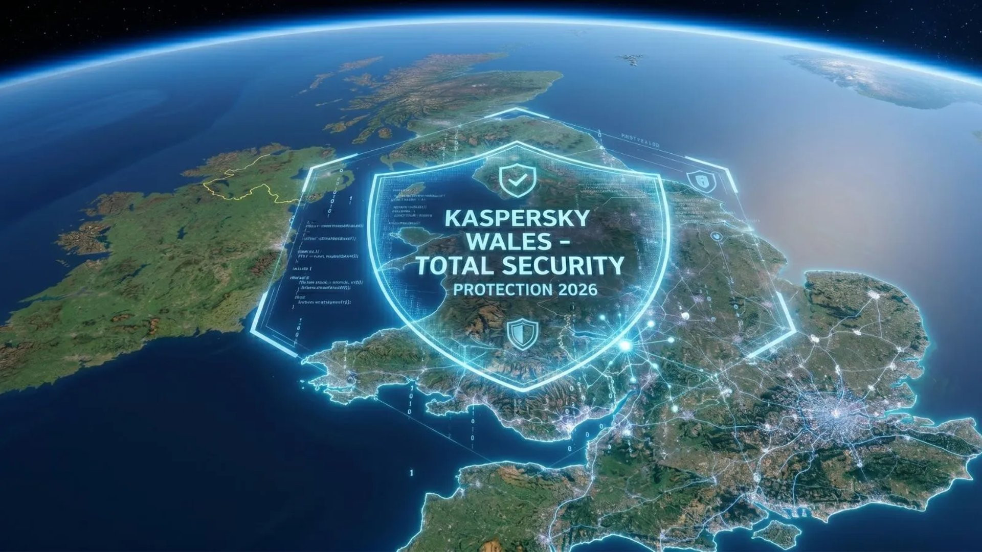 Satellite view of Wales from space with a blue Kaspersky digital armor and Welsh dragon theme