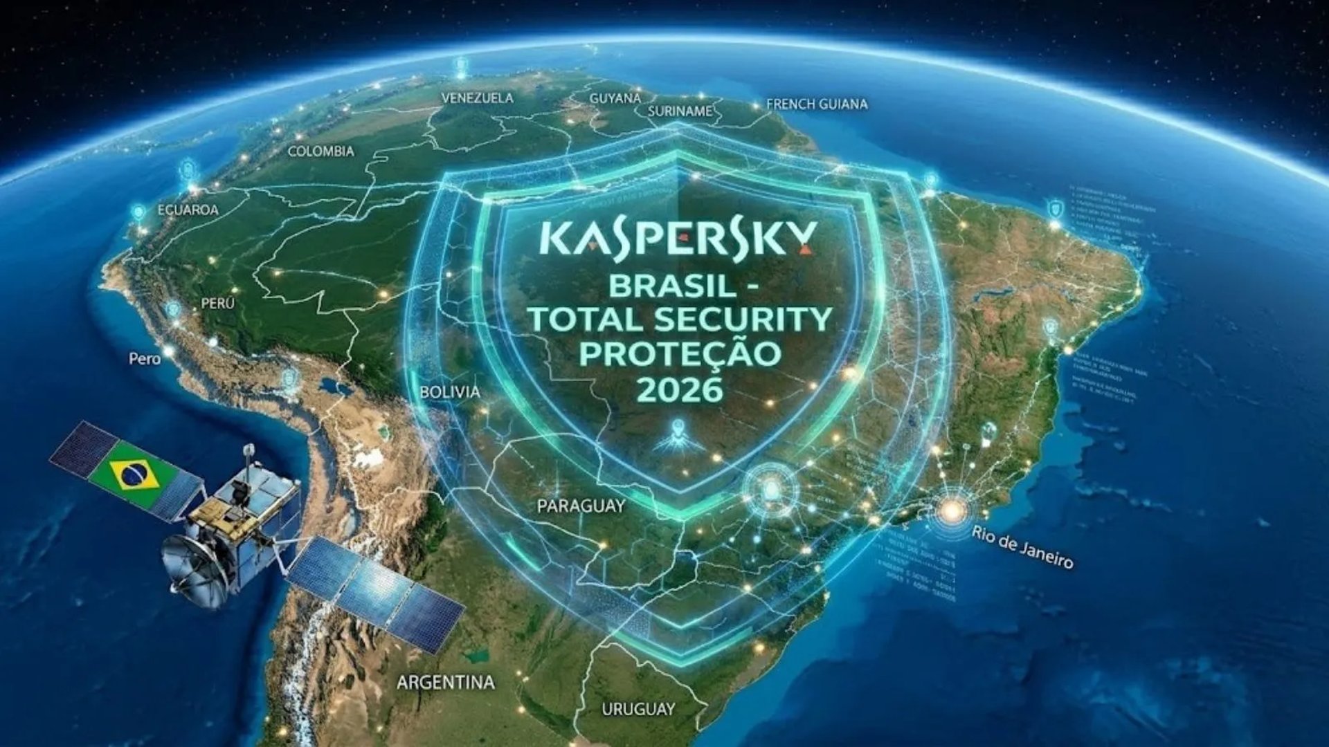 Mapa do Brasil visto do espaço protegido pela rede de segurança digital transparente da Kaspersky.