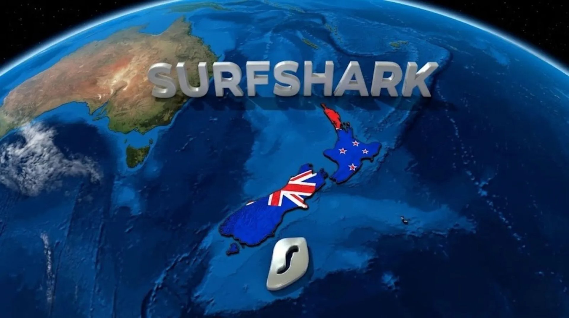 Futuristic satellite view of NZ in flag colors, illustrating global cybersecurity innovation