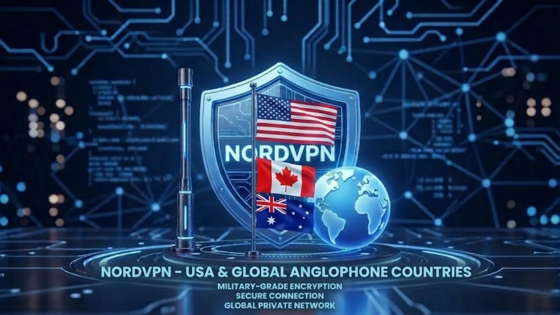 3D NordVPN neon shield with Union Jack flag and Earth globe on high-tech circuit background.