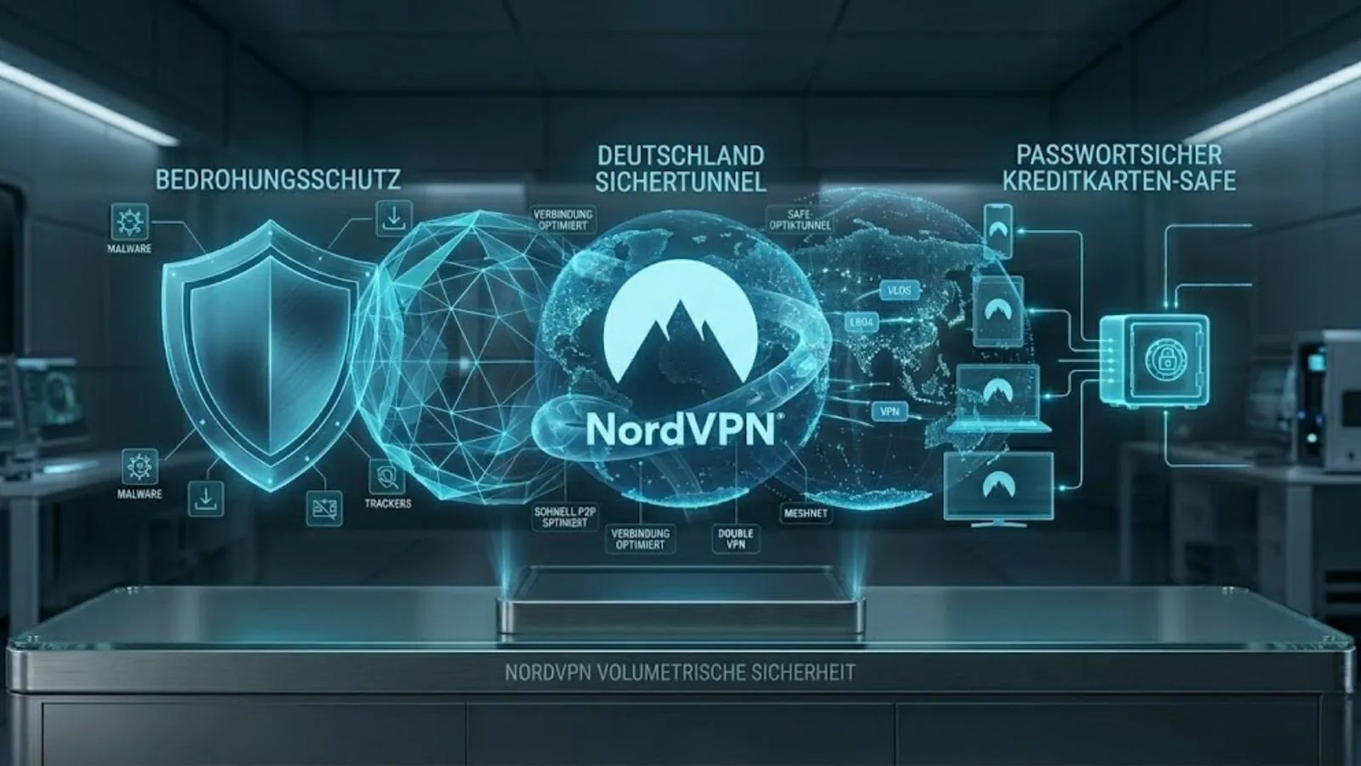 NordVPN Volumetrische Sicherheit: 3D-Hologramm für Bedrohungsschutz, Datensicherheit und Privatsphäre-Tunnel.
