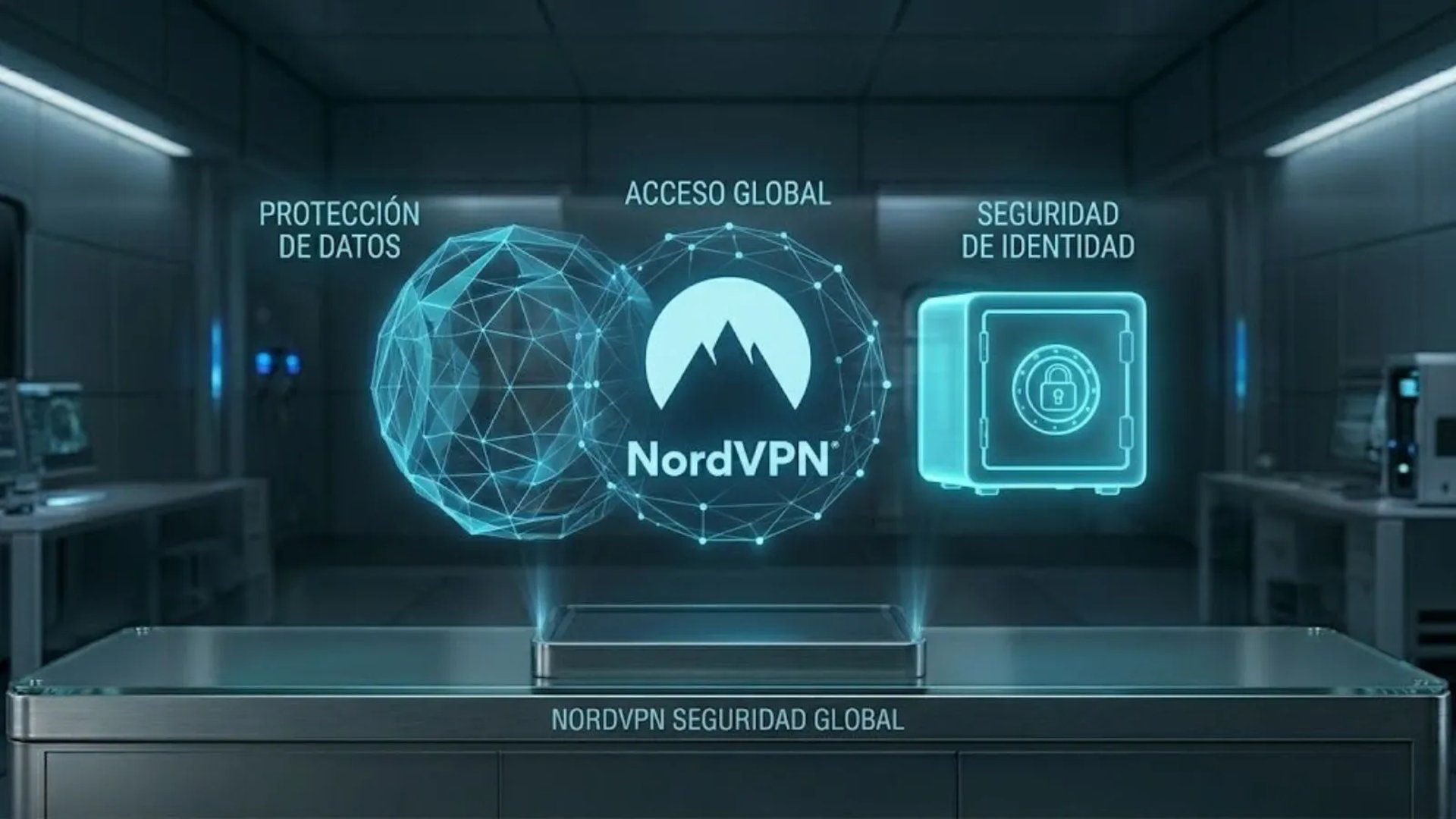 Graphisme 3D néon : bouclier bleu avec mot NordVPN centré, à côté d'une planète emoji bleue, sur fond sombre.