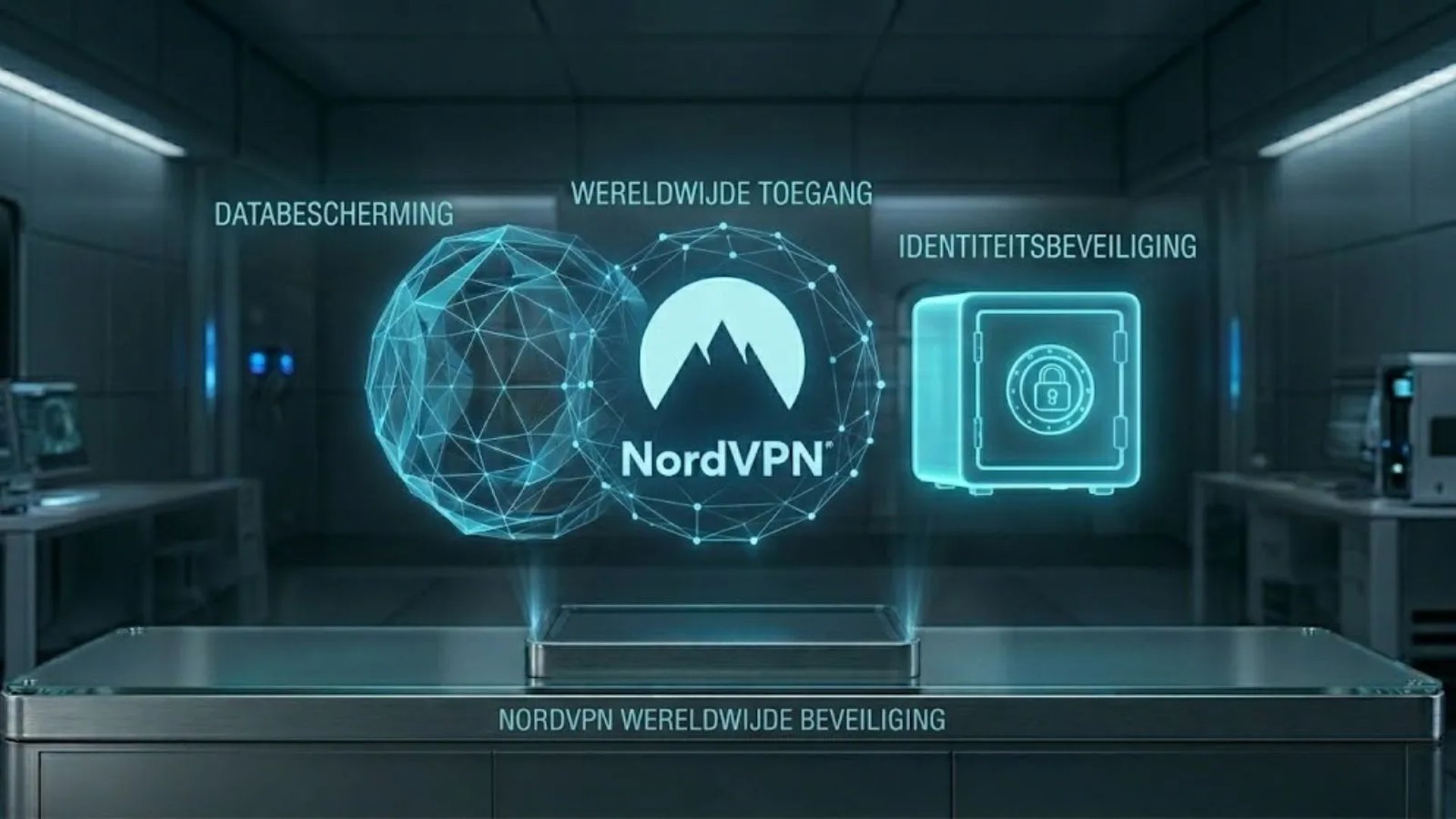 NordVPN 3D-hologram: Wereldwijde toegang, databescherming en identiteitsbeveiliging voor Nederlandstalige gebruikers.