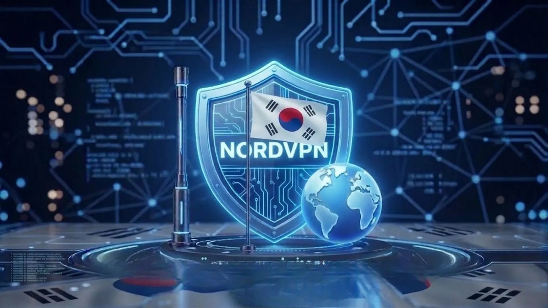 대한민국 국기, NordVPN 네온 방패, 지구본이 포함된 첨단 사이버 보안 3D 이미지.
