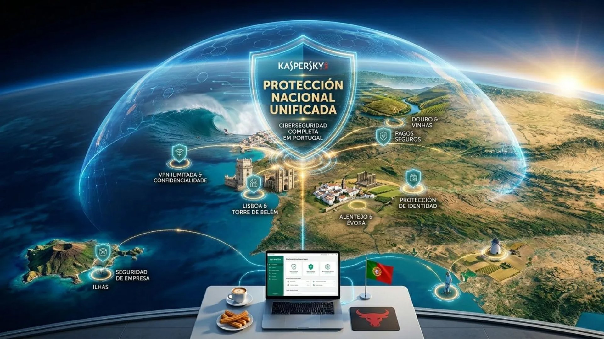 Portugal visto do espaço à noite, com um escudo 3D Kaspersky em néon brilhante flutuando sobre o território iluminado.