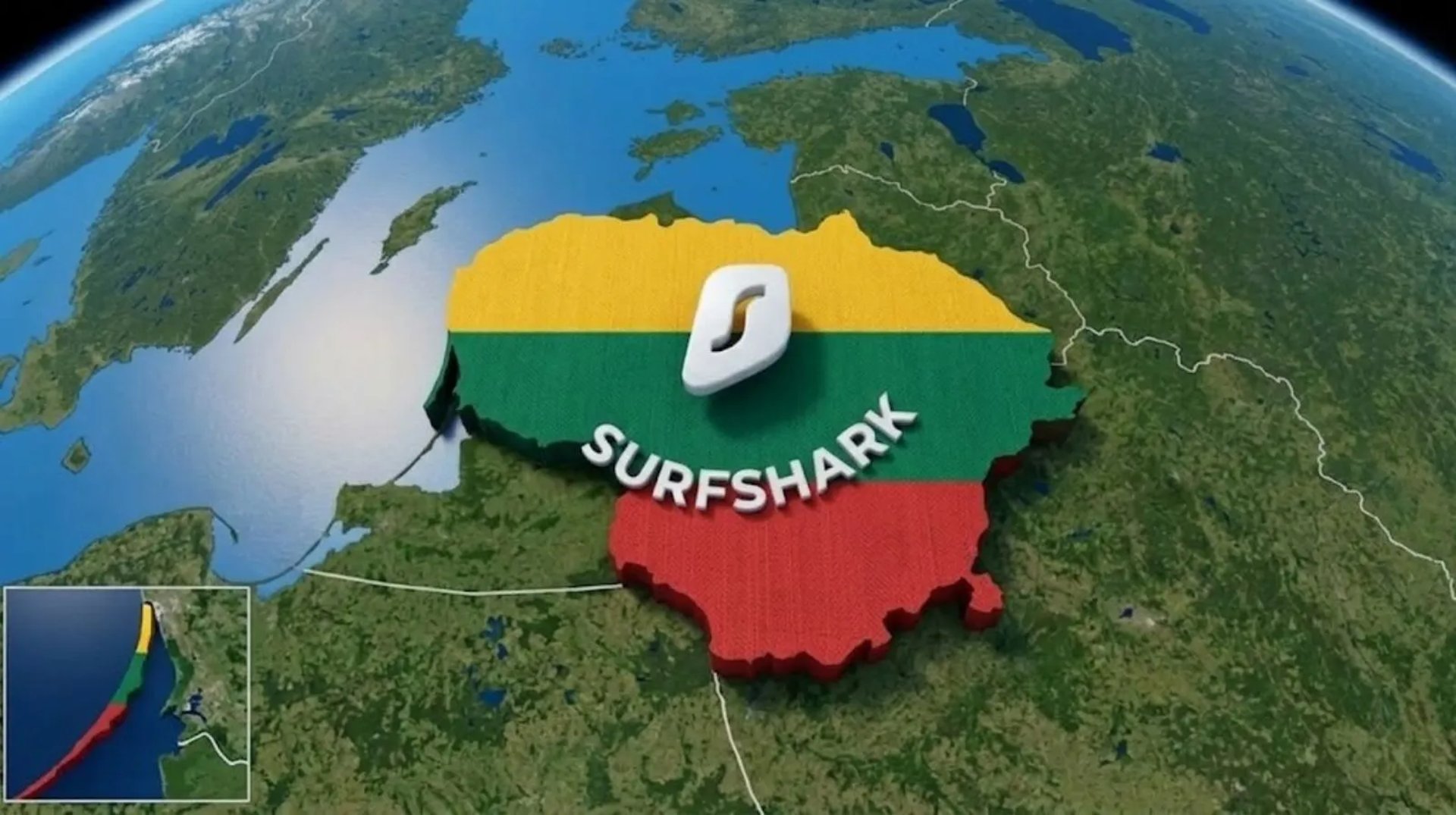 Futuristinis Lietuvos palydovinis vaizdas vėliavos spalvomis, iliustruojantis pasaulinę kibernetinę inovaciją.