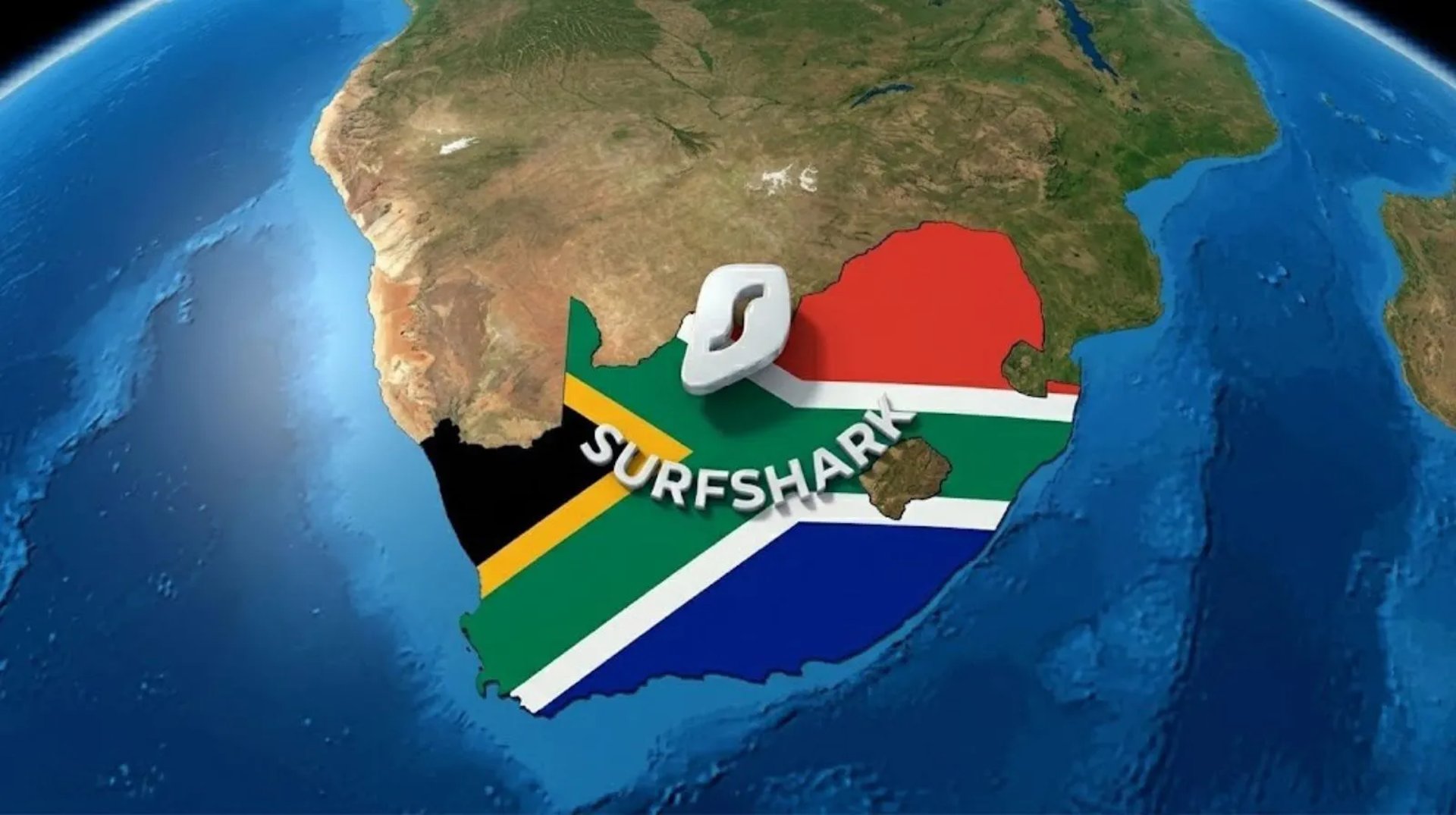 Futuristic satellite view of S. Africa in flag colors, illustrating global cybersecurity innovation."