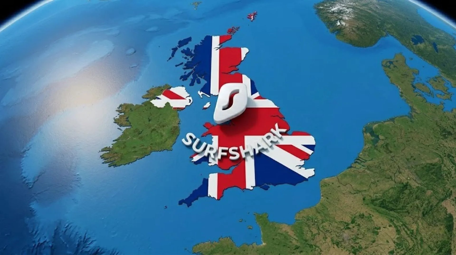 Futuristic satellite view of UK in flag colors, illustrating global cybersecurity innovation.