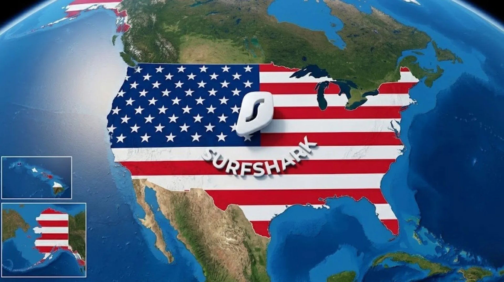 Futuristic satellite view of USA in flag colors, illustrating global cybersecurity innovation