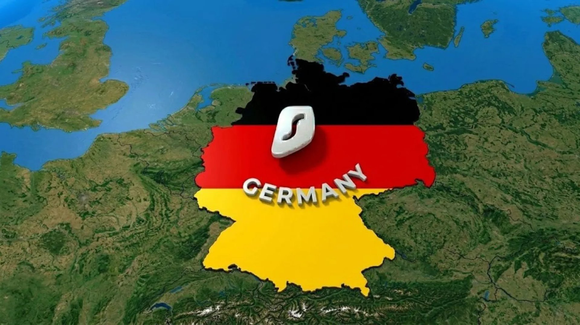 Futuristische Satellitenansicht von Deutschland in Flaggenfarben, illustriert globale Cyber-Innovation