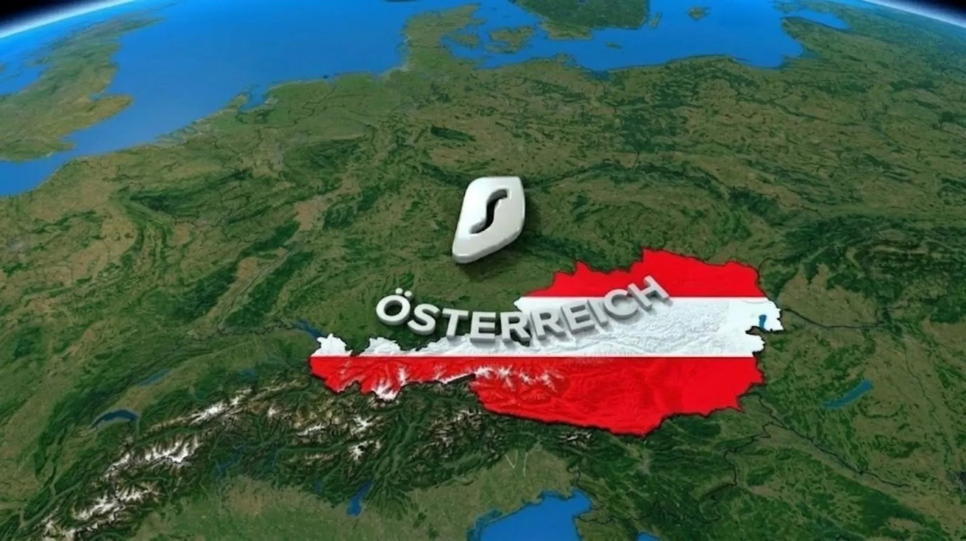 Futuristische Satellitenansicht von Österreich in Flaggenfarben, illustriert globale Cyber-Innovation.