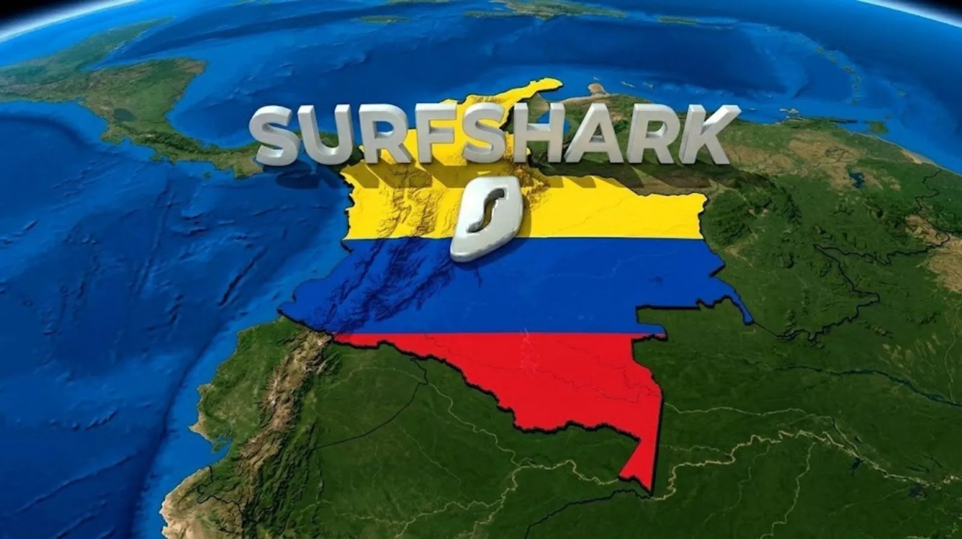 Vista satelital futurista de Colombia en colores de bandera, ilustrando la innovación ciber global
