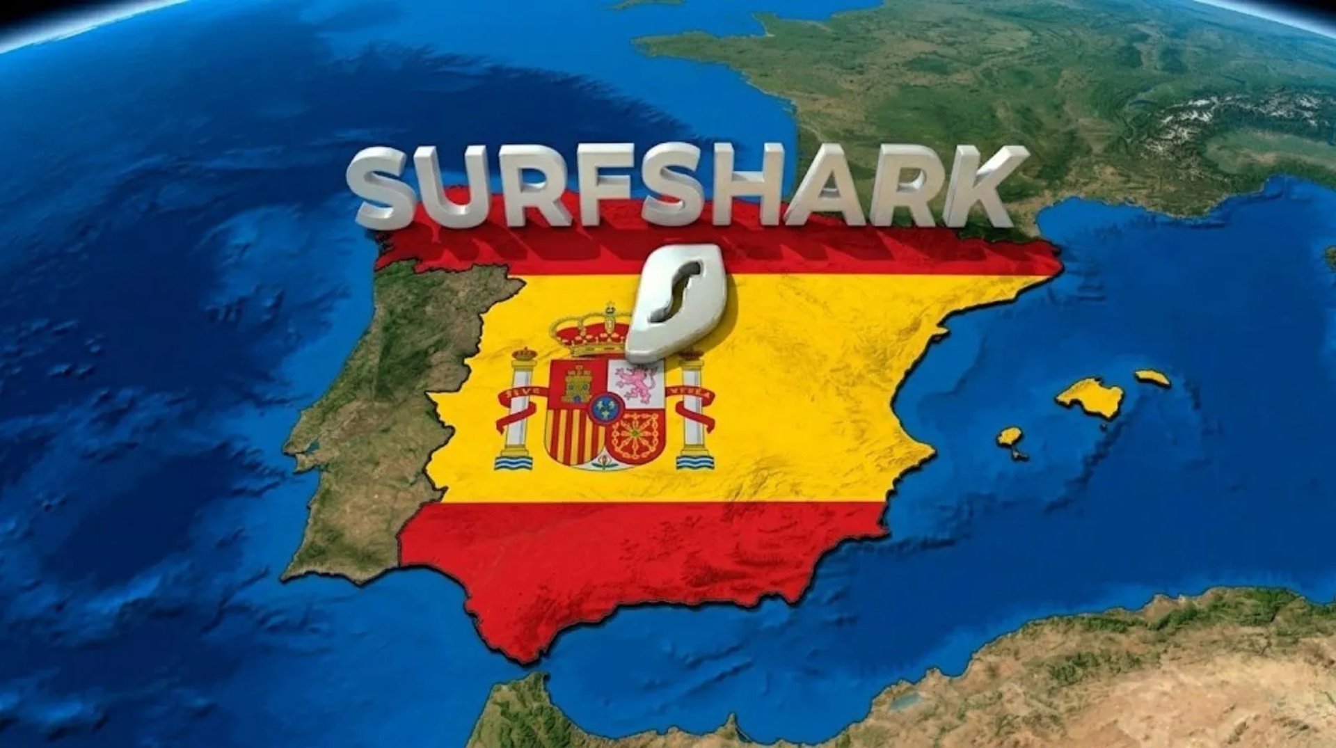 Vista satelital futurista de España en colores de bandera, ilustrando la innovación ciber global.