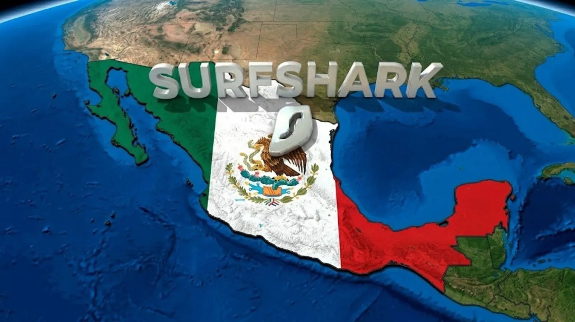 Vista satelital futurista de México en colores de bandera, ilustrando la innovación ciber global.