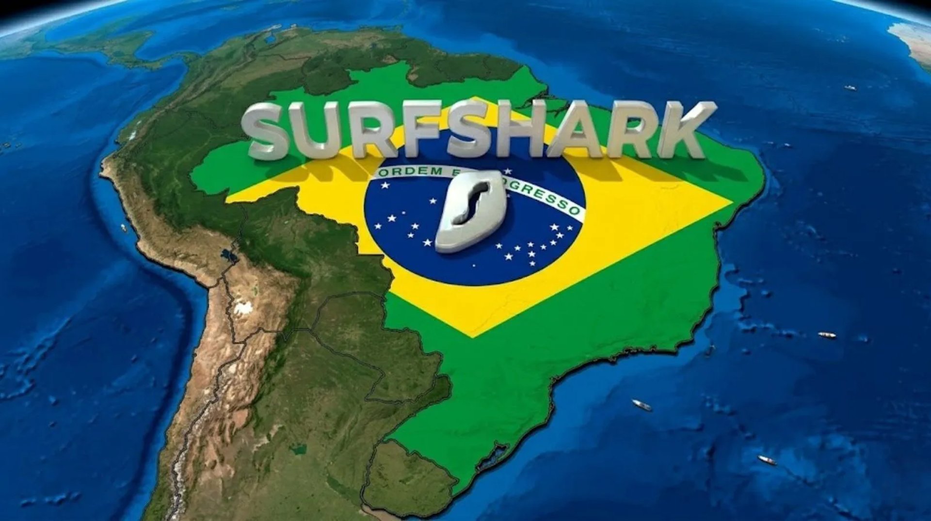 Vista de satélite futurista do Brasil em cores de bandeira, ilustrando inovação ciber global