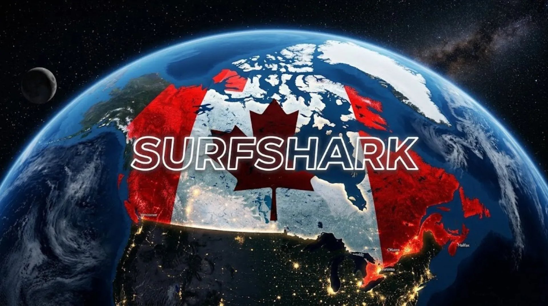 Vue satellite futuriste du Canada aux couleurs du drapeau, illustrant une innovation cyber mondiale